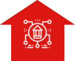 a red house with white outline and a logo