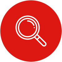 a white outline of a magnifying glass on a red circle