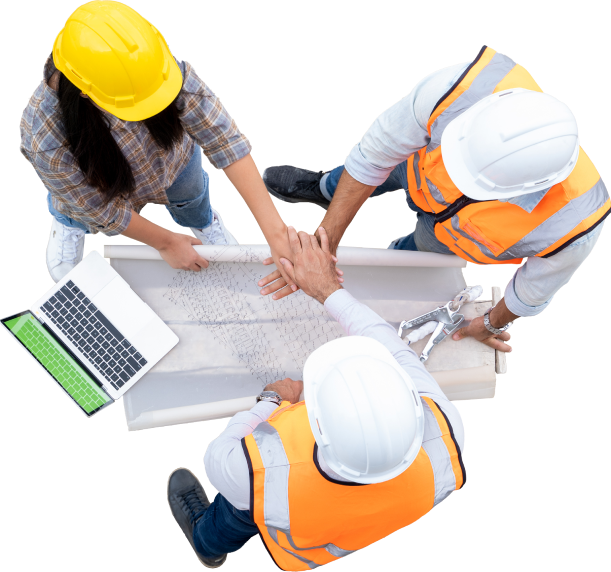 a group of people wearing hard hats and orange vests holding hands